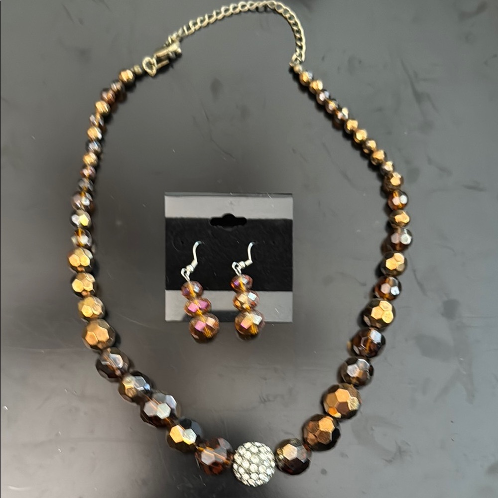 Swarovski Gold and Brown Beaded Necklace with Crystal Accent